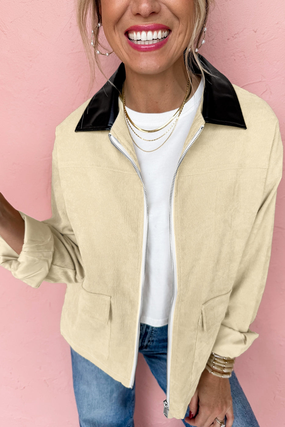 Leather Collar Zip Up Jacket