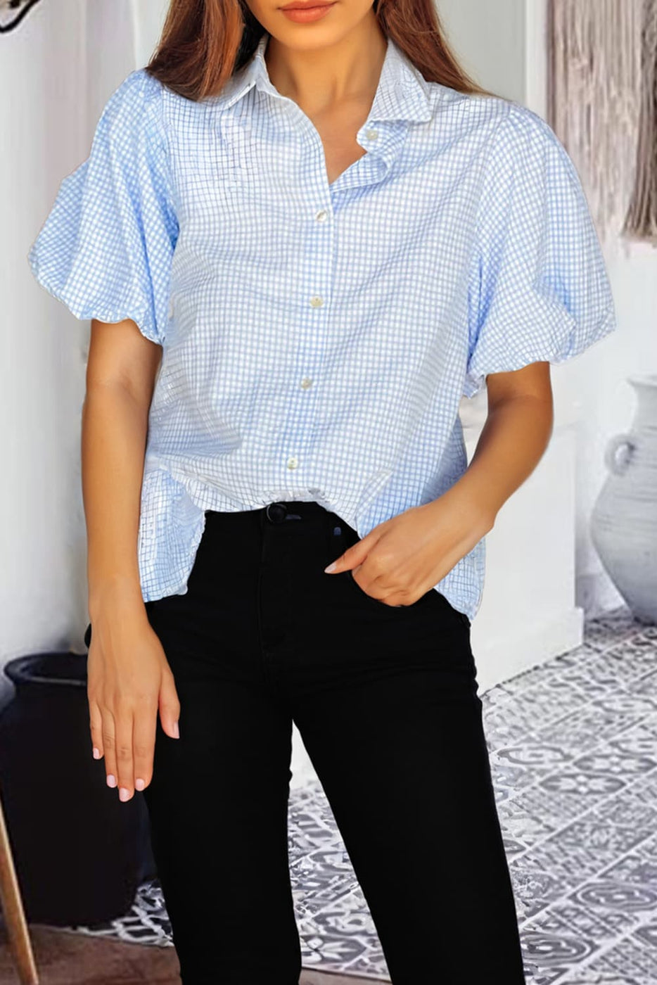 Gingham Puff Sleeve
