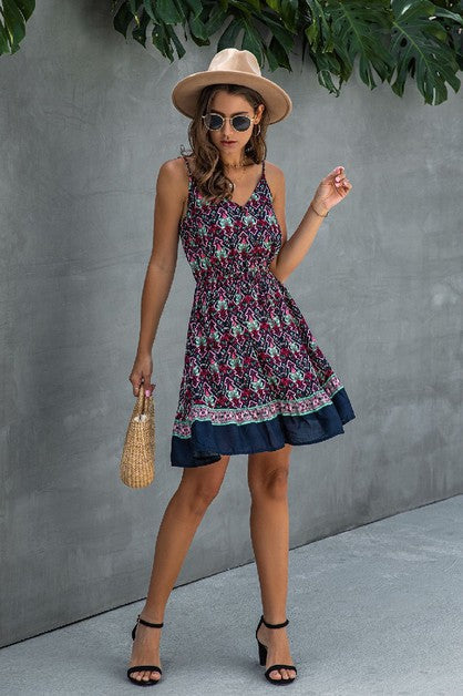 Floral Spaghetti Strap Button Down Ruffle Dress