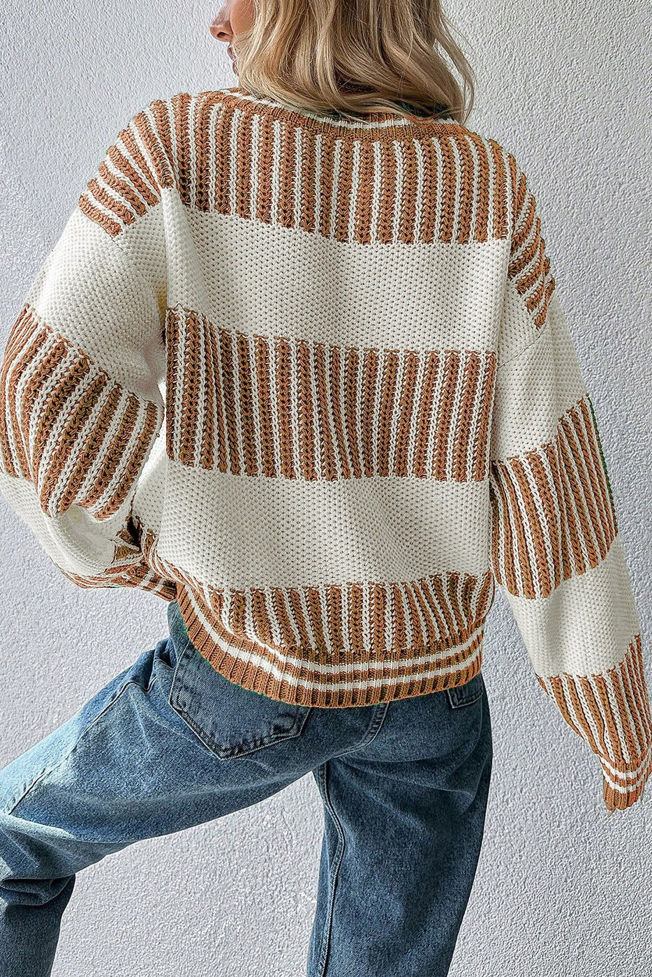 Two Tone Striped Patchwork Drop Shoulder Sweater