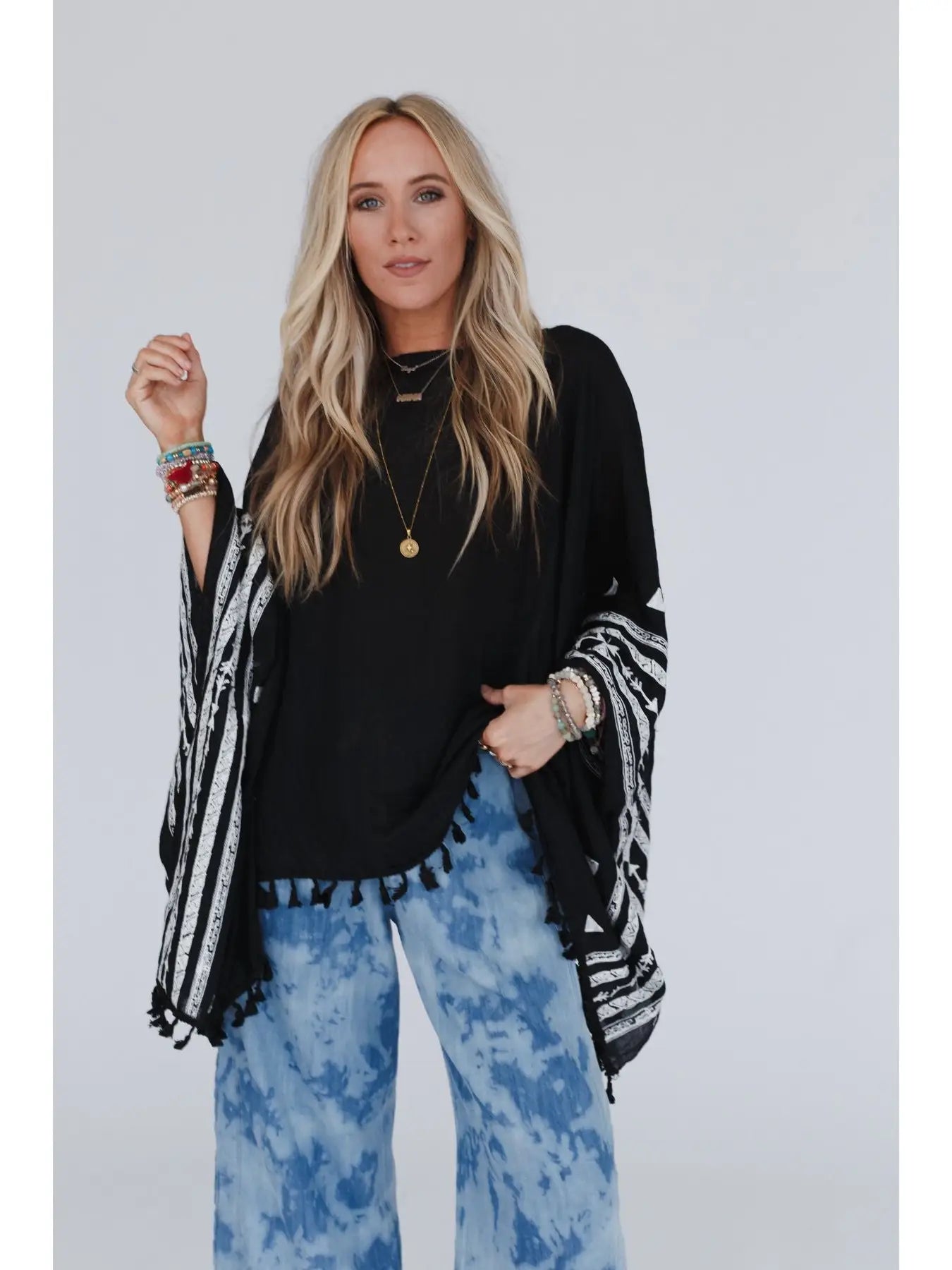 Embroidered Sleeve Tassel Poncho - Black