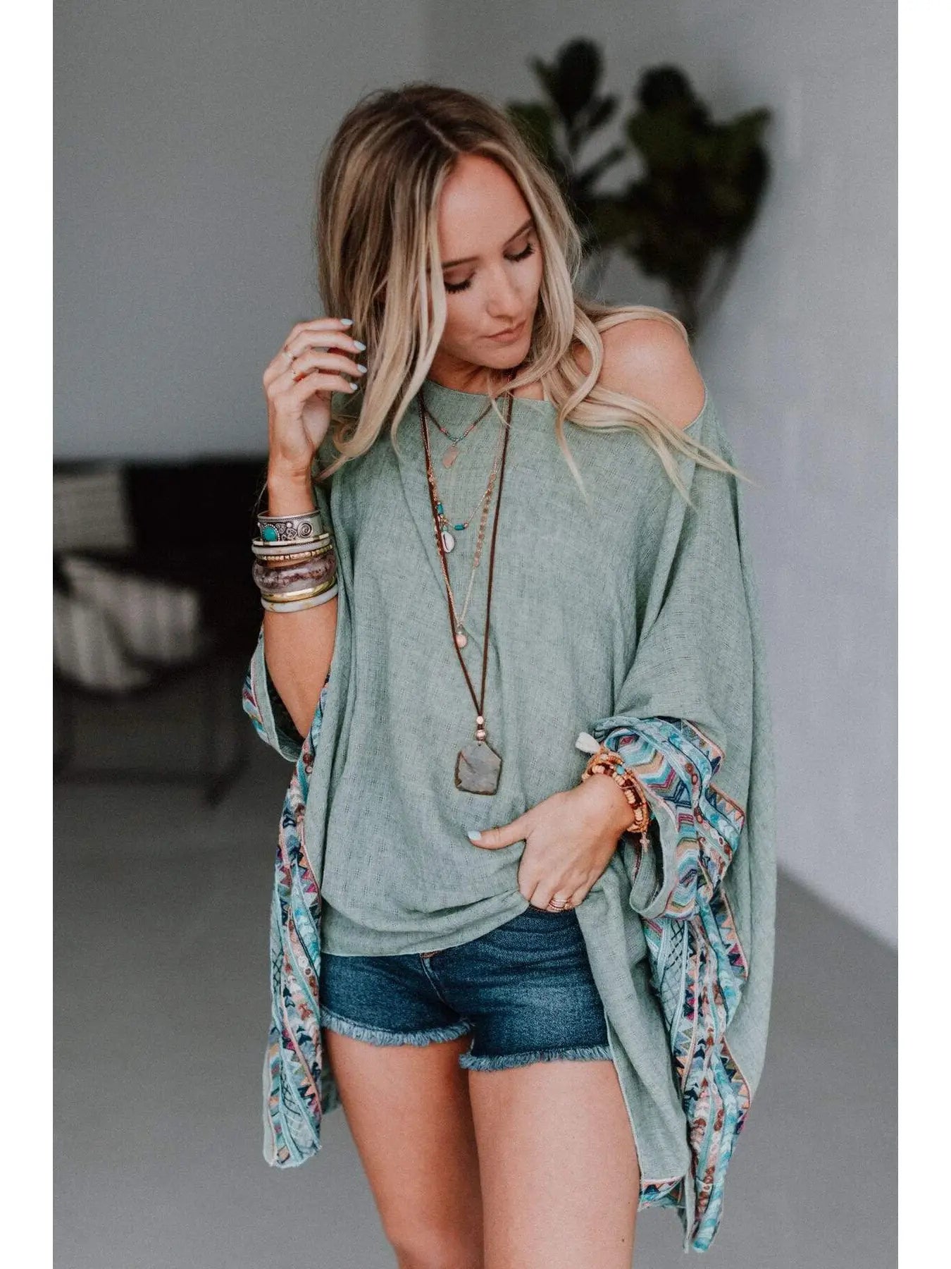 Embroidered Sleeve Poncho - Sage