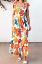 Load image into Gallery viewer, Orange Floral Self Tied Straps Smocked Bust Maxi Dress