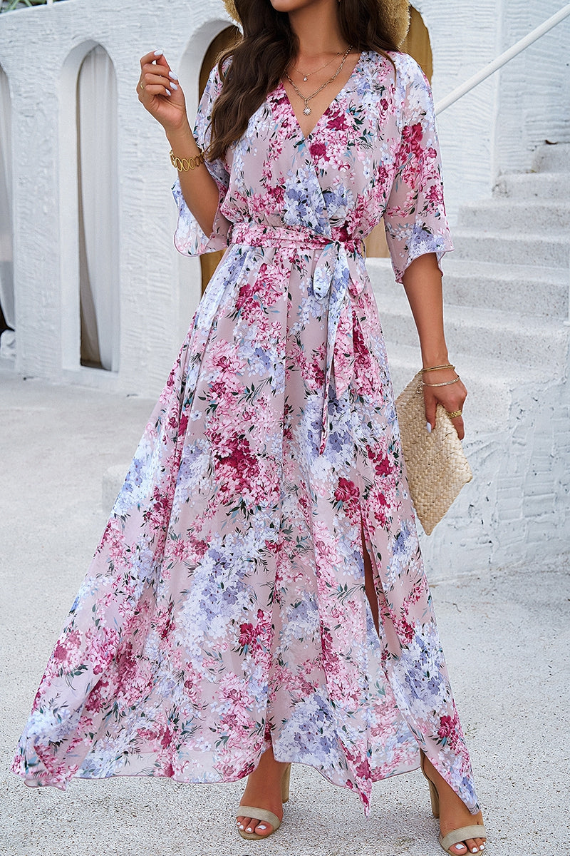 Floral Cross V Neck Belted Maxi Dress