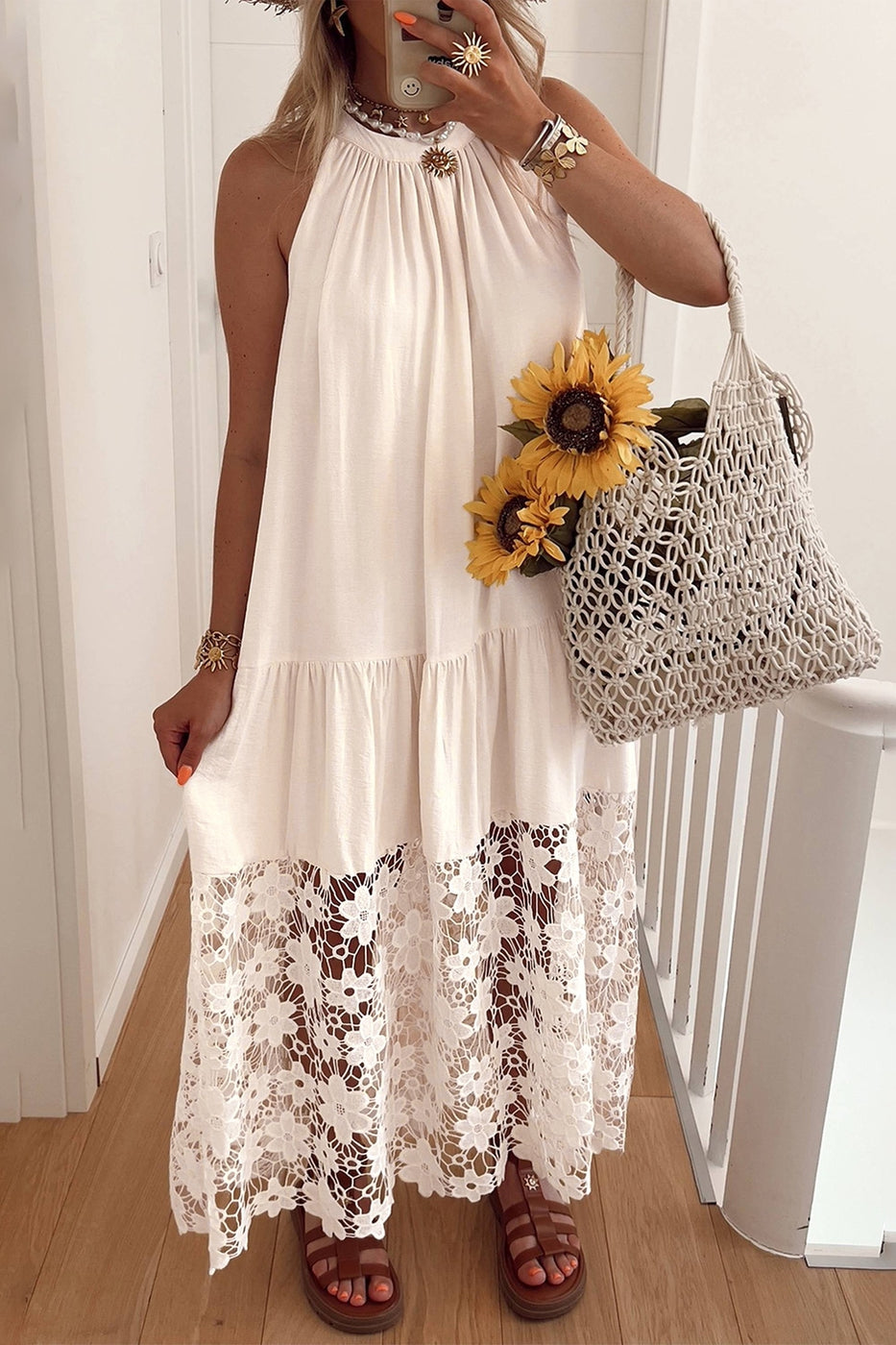 Sheer Hollowed Floral Lace Hem Loose Halter Summer Dress