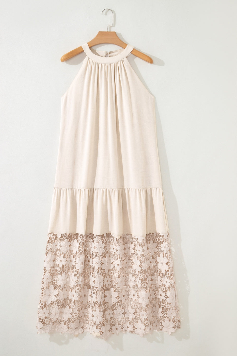 Sheer Hollowed Floral Lace Hem Loose Halter Summer Dress