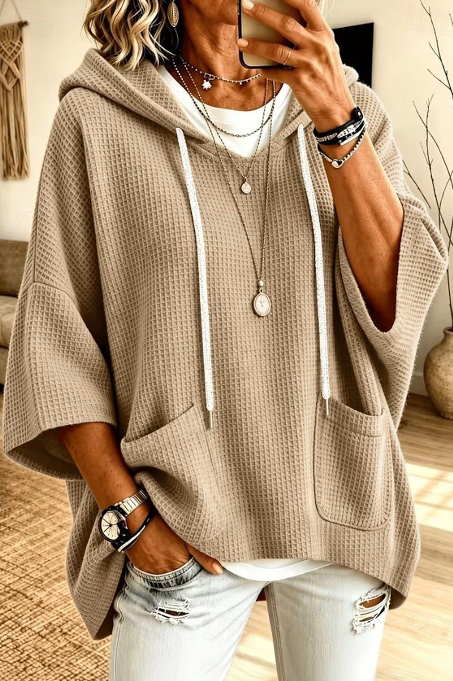 Three Quarter Sleeve Drawstring Pullover Waffle Knit Hoodie