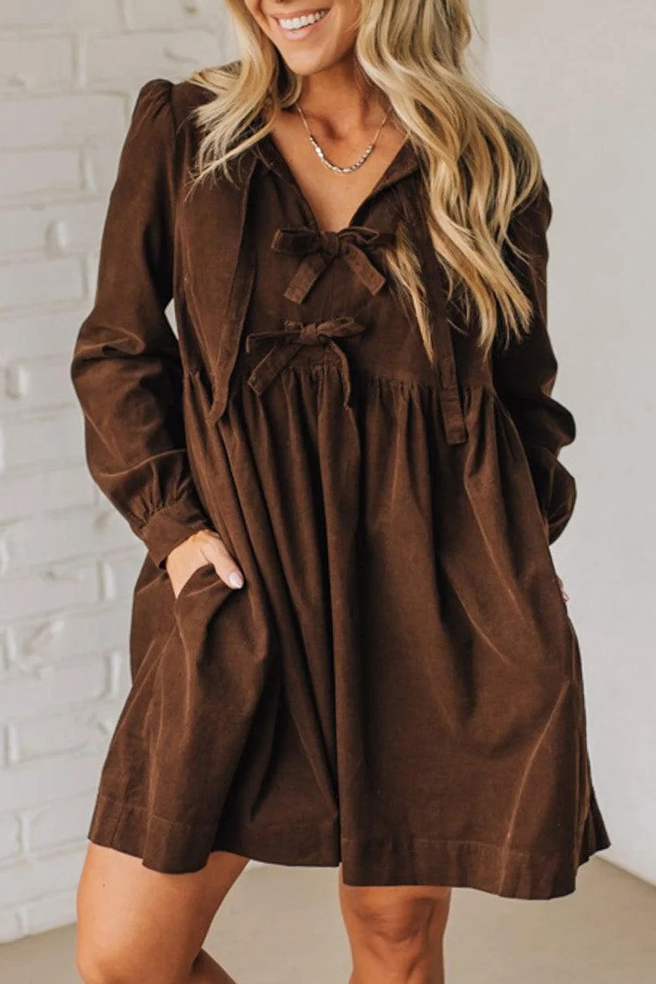 Coffee Bow Knot Front Long Sleeve Corduroy Dress