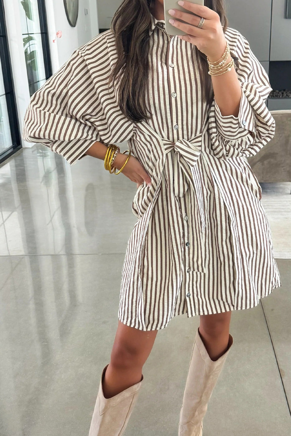 Knot Waist Puff Sleeve Button Down Mini Shirt Dress