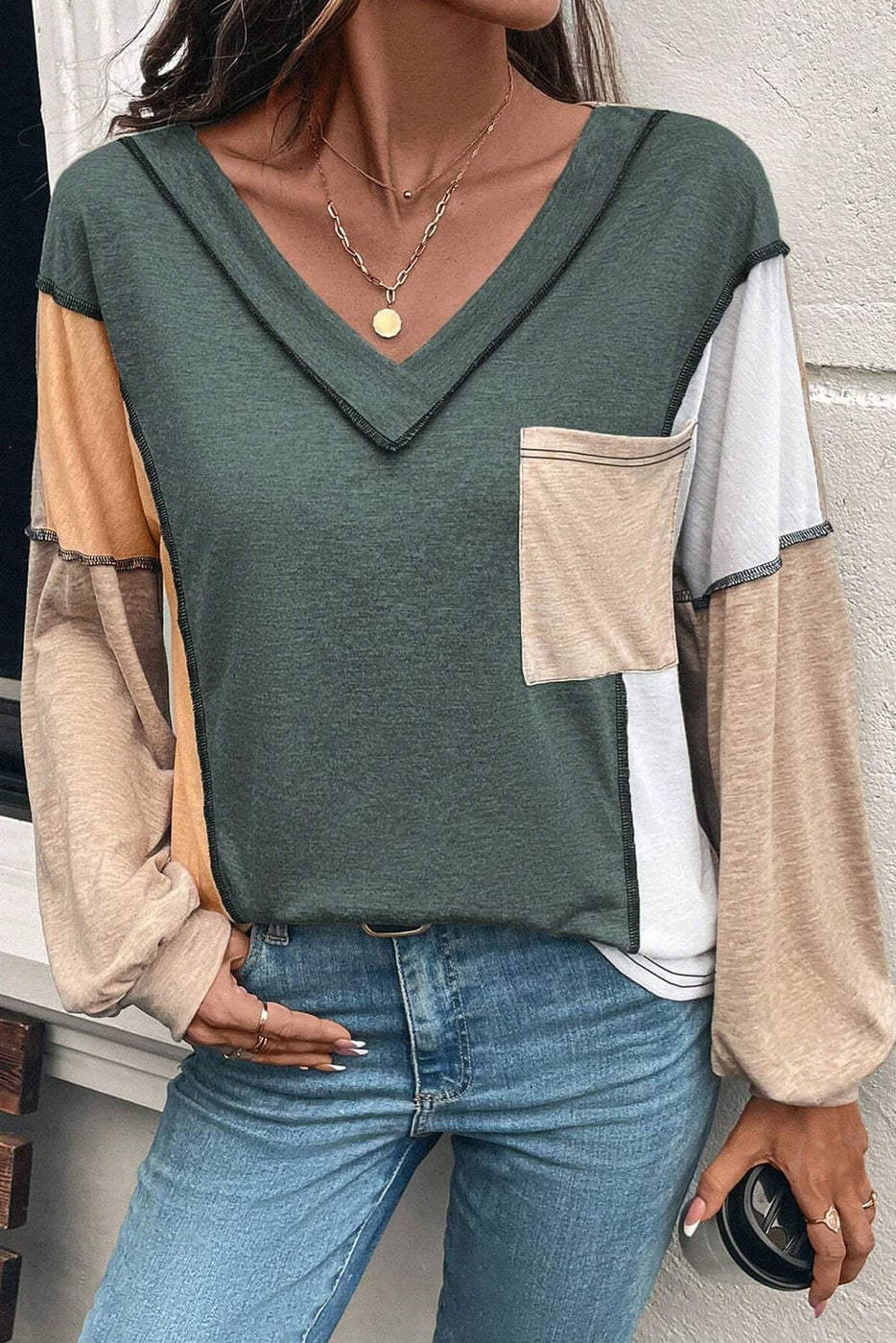 V Neck Exposed Stitching Top