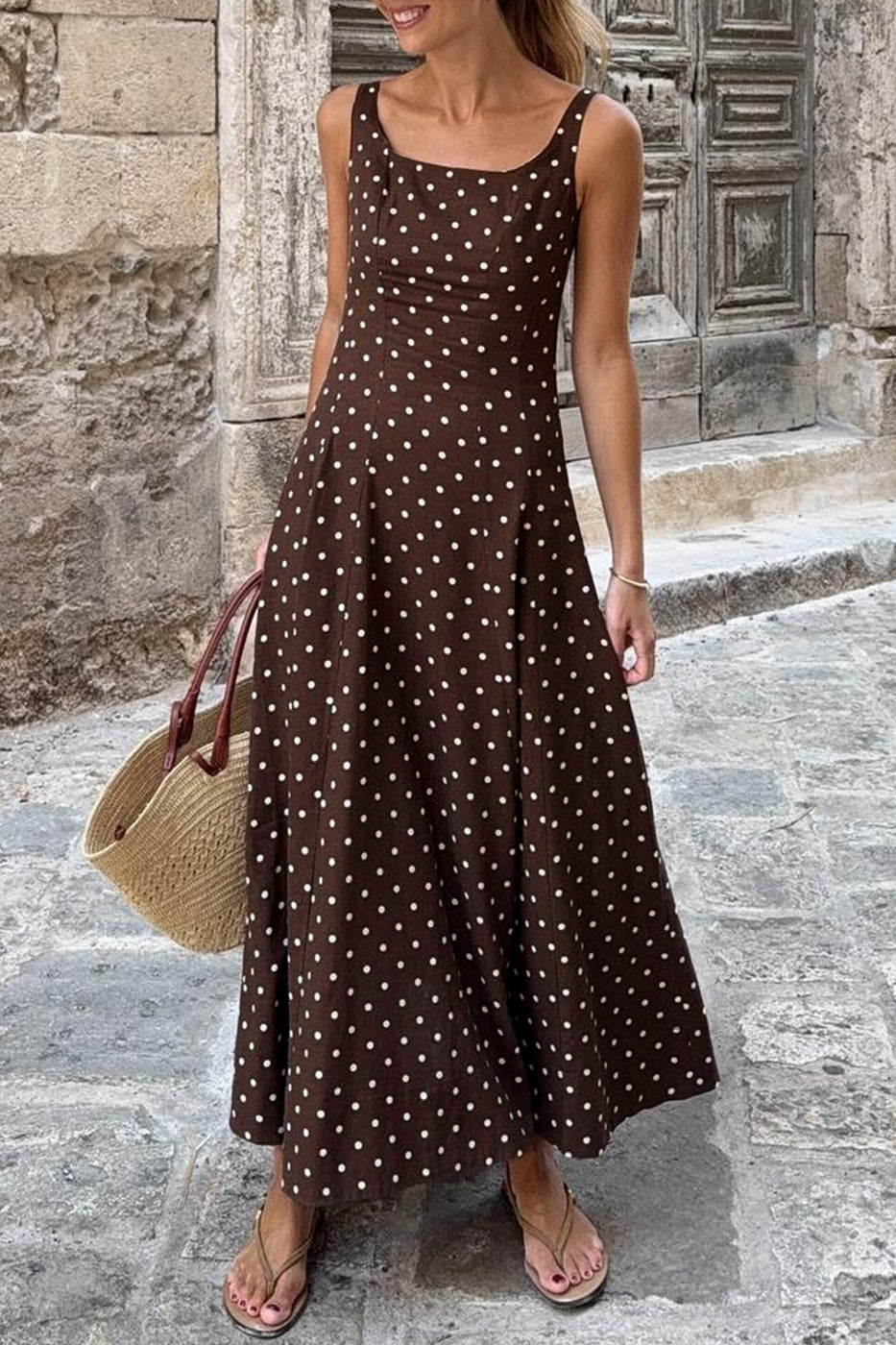 Polka Dot Print Square Neck Sleeveless Vacation Maxi