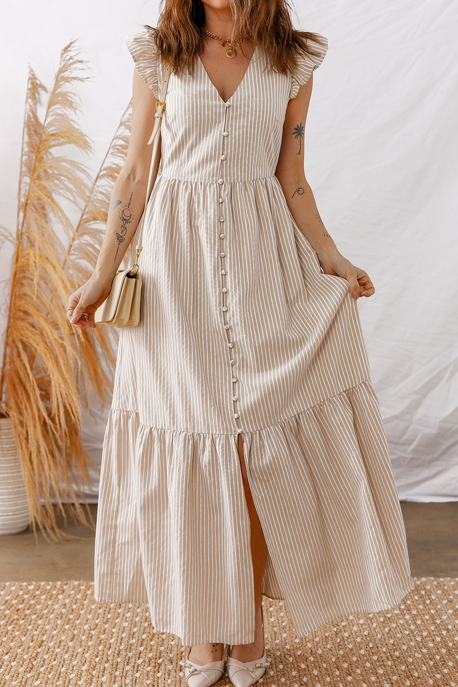 Flutter Sleeve Buttoned Front Slit Maxi Dress