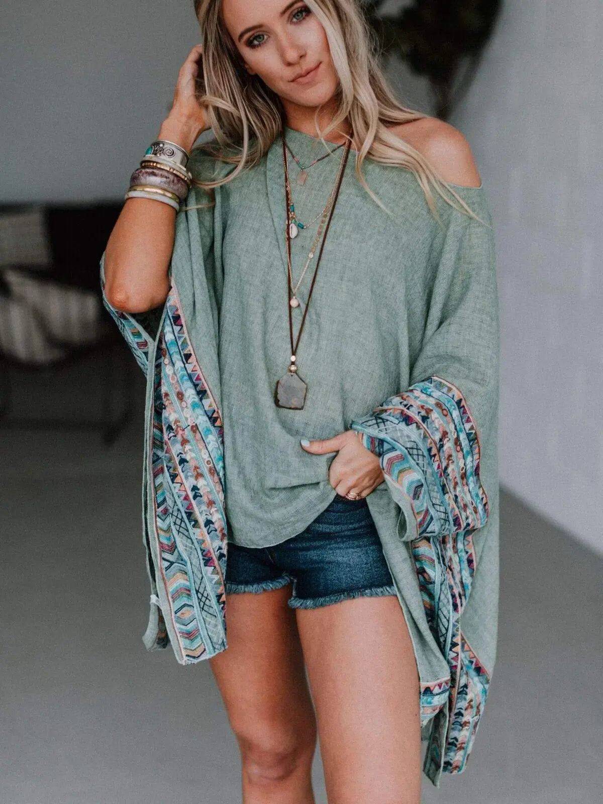 Embroidered Sleeve Poncho - Sage