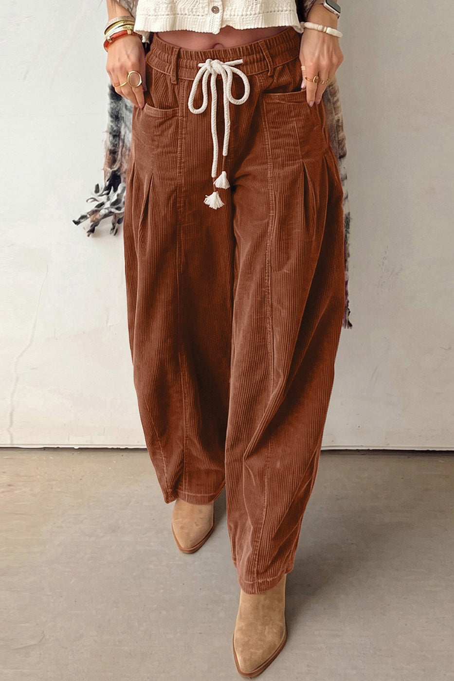Elastic Waist Drawstring Corduroy Casual Pants