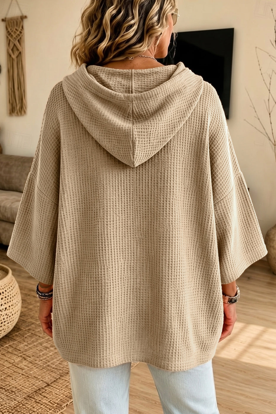 Three Quarter Sleeve Drawstring Pullover Waffle Knit Hoodie