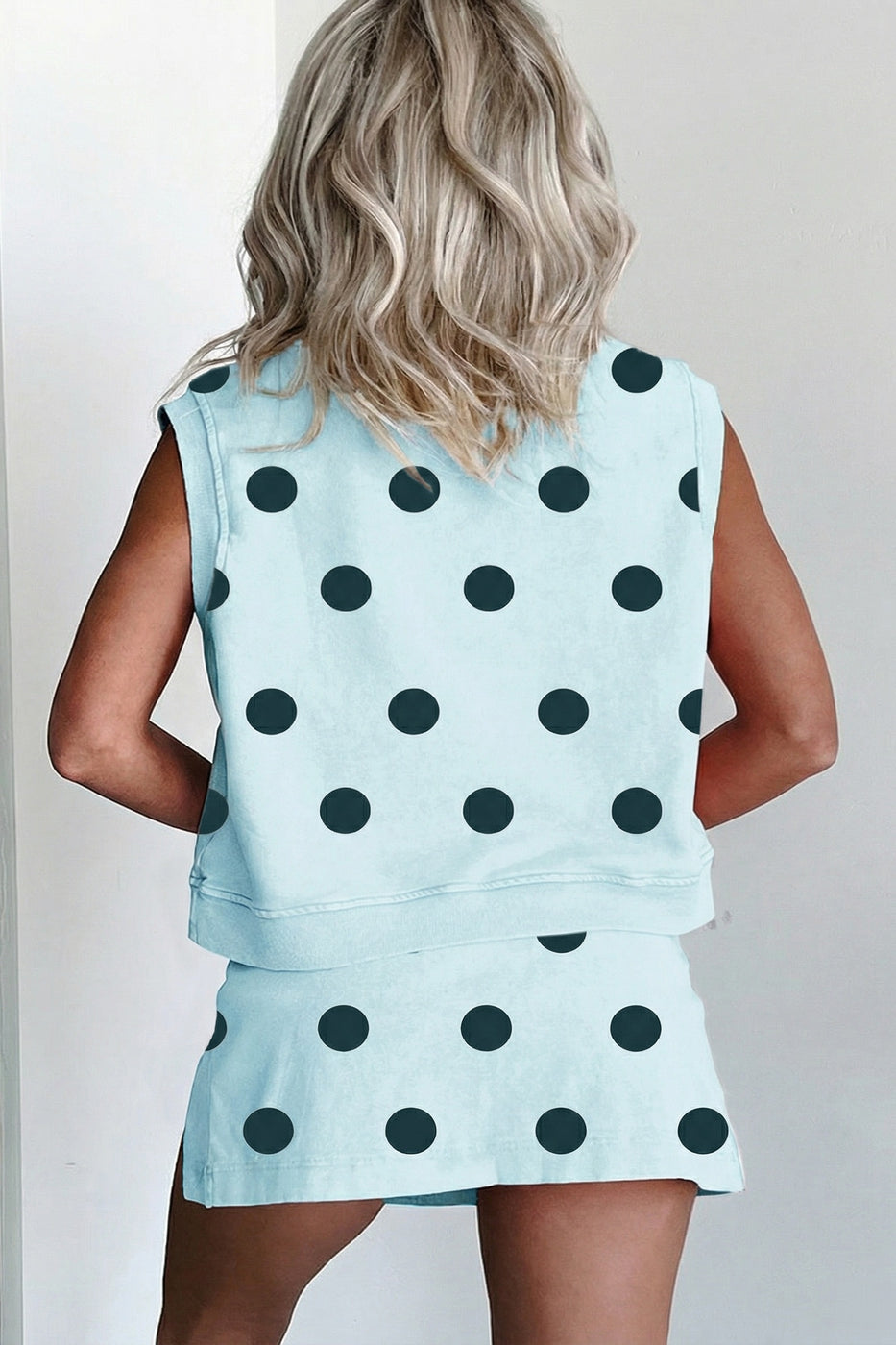 Ribbed Trim Polka Dot Print Tank Split Mini Skort 2pcs Set