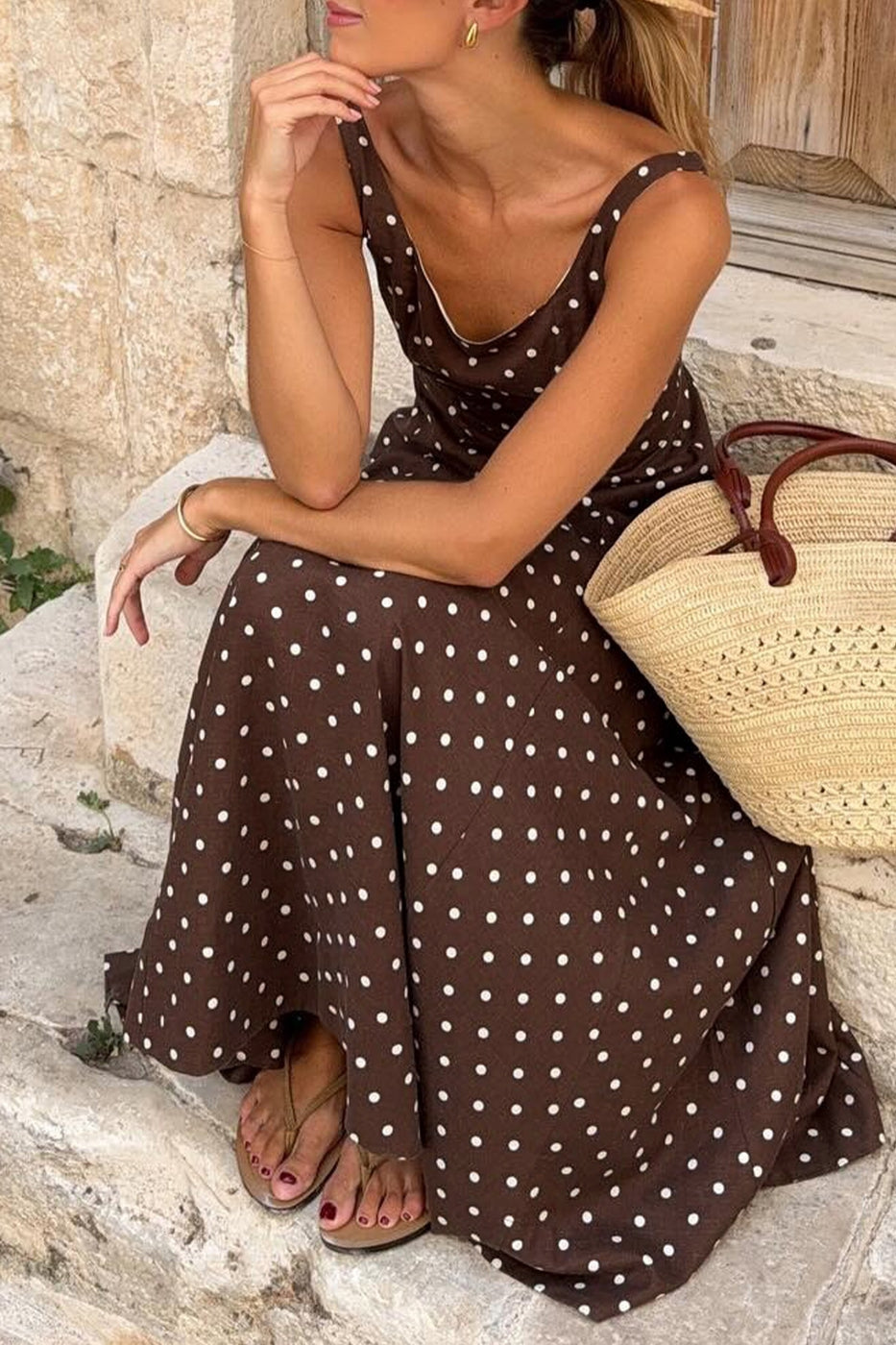 Polka Dot Print Square Neck Sleeveless Vacation Maxi