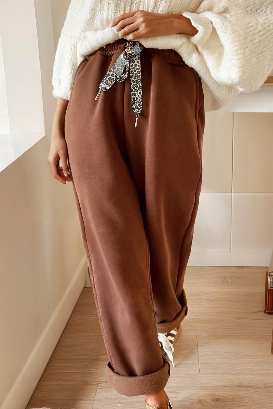 Fleece Lined Leopard Drawstring Elastic Waist Pants