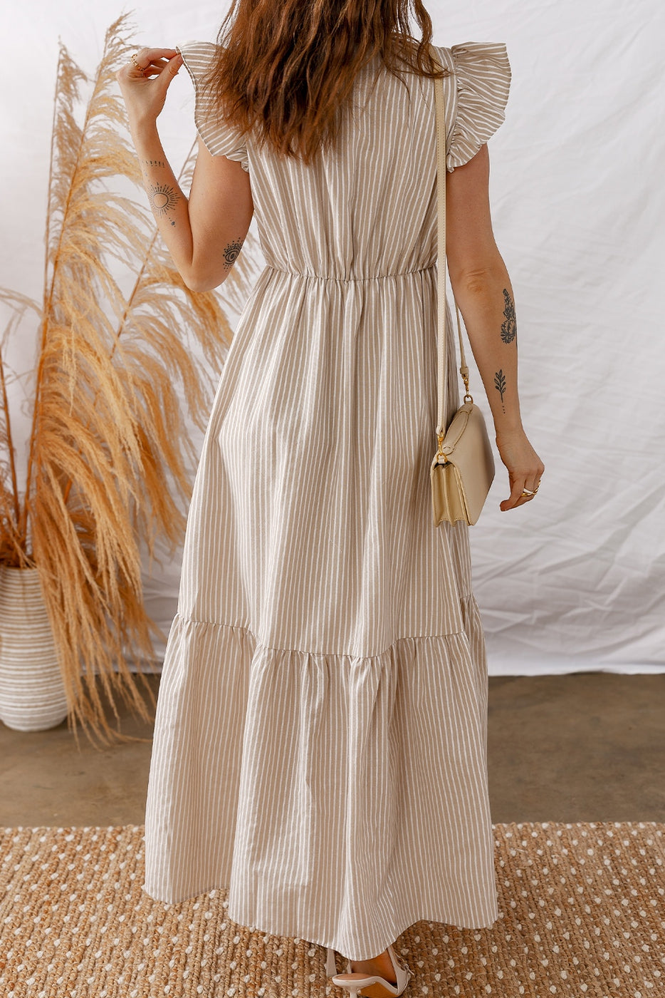 Flutter Sleeve Buttoned Front Slit Maxi Dress