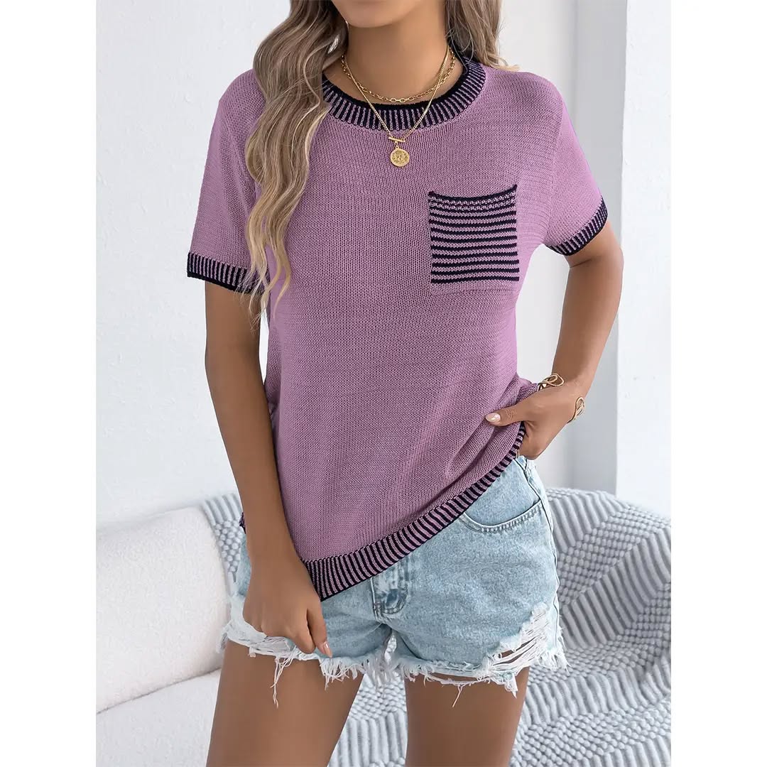 Color-Block Striped Pocket Short Sleeve Knit Top