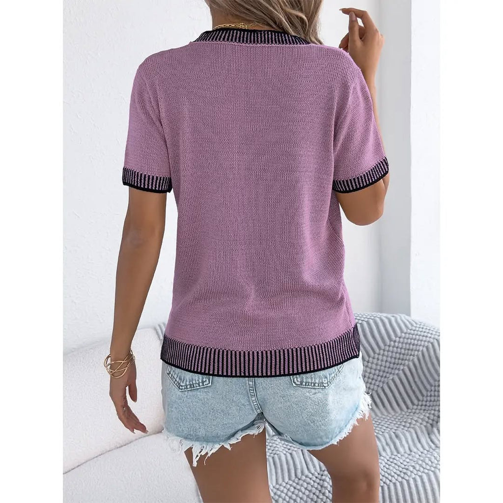 Color-Block Striped Pocket Short Sleeve Knit Top