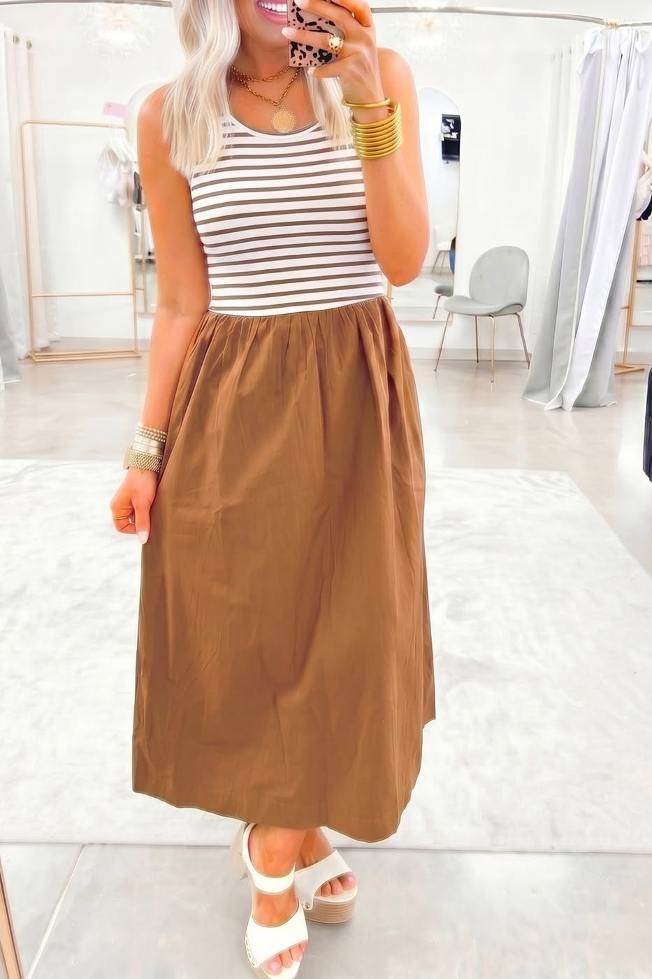 Striped Colorblock Patchwork Sleeveless Casual Long Dress
