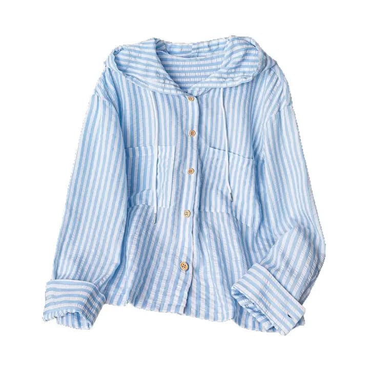 Women's Striped Hooded Shirt Long Sleeve Loose Fit Sun Protection