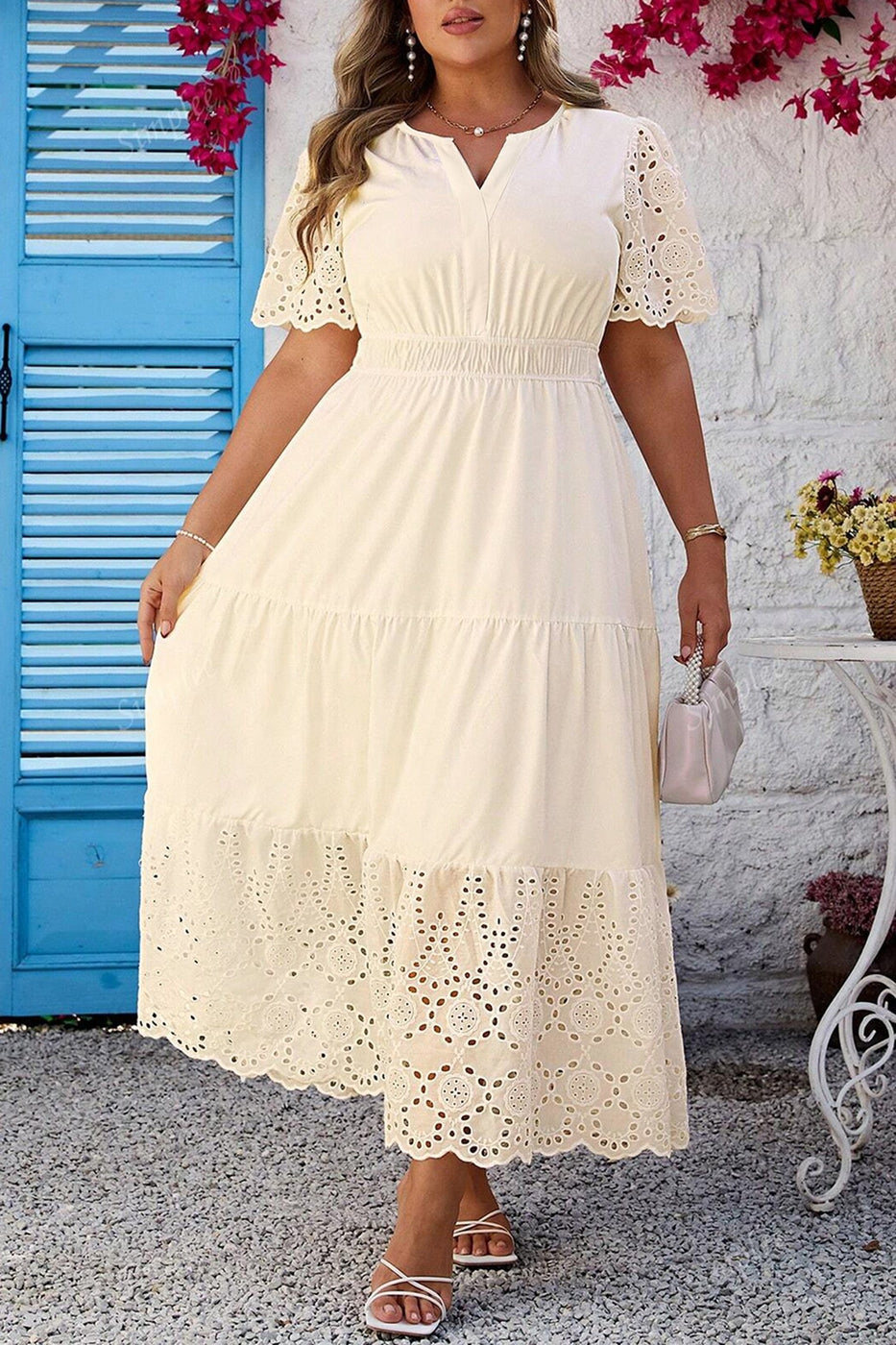 V Neck Lacy Embroidery Patchwork Short Sleeve Maxi