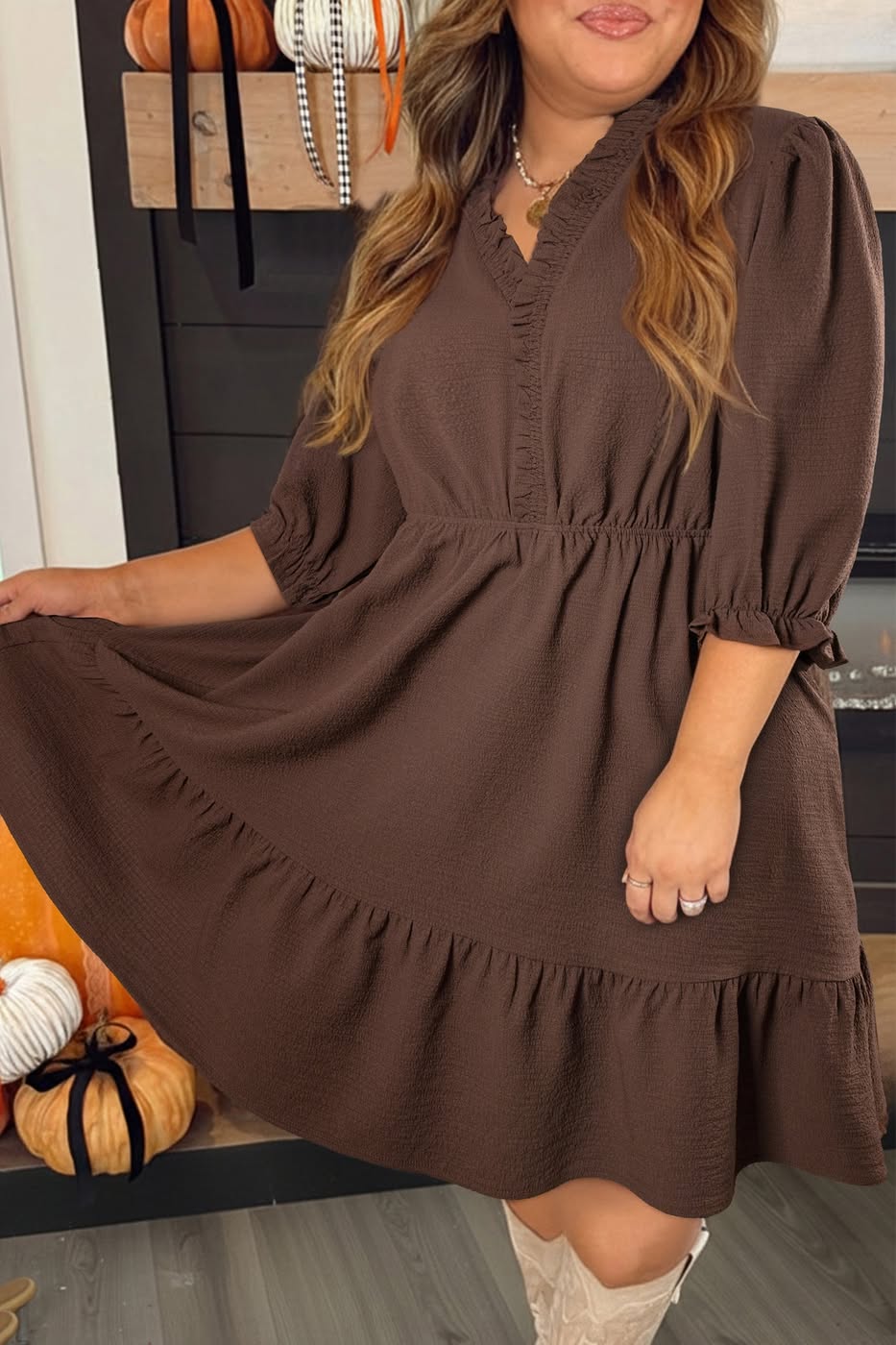 Frilled Trim Puff Sleeve Textured Dress