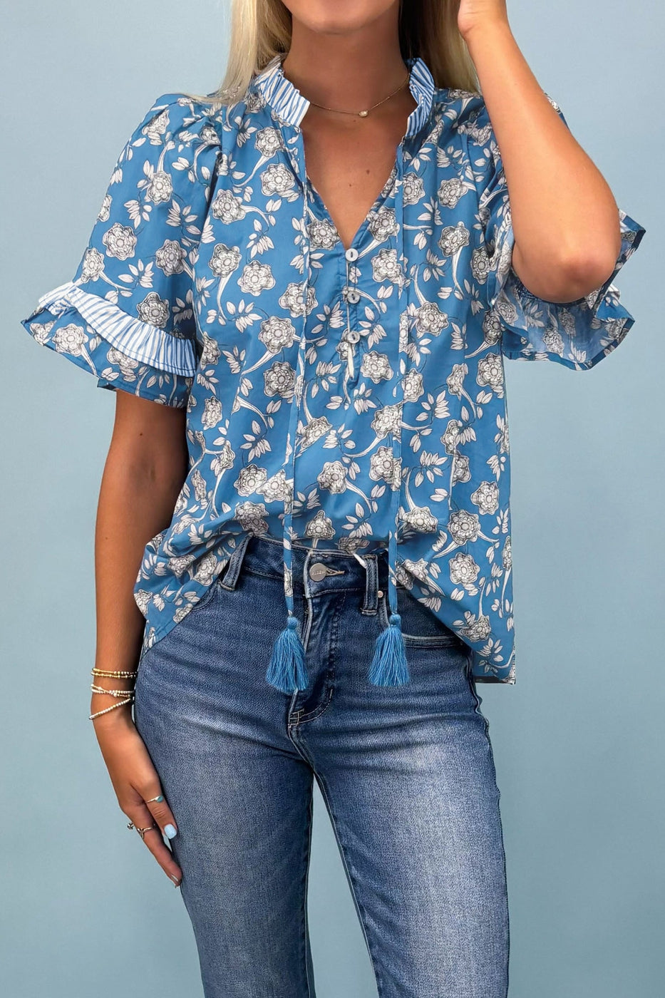 Floral Print Button Tie Neck Striped Detail Blouse