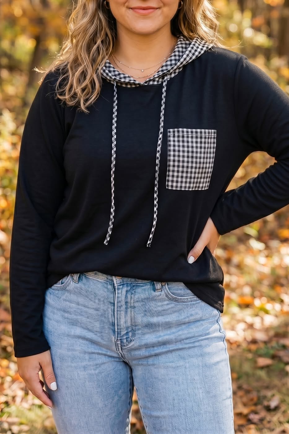 Plus-Size Gingham Hooded Blouse