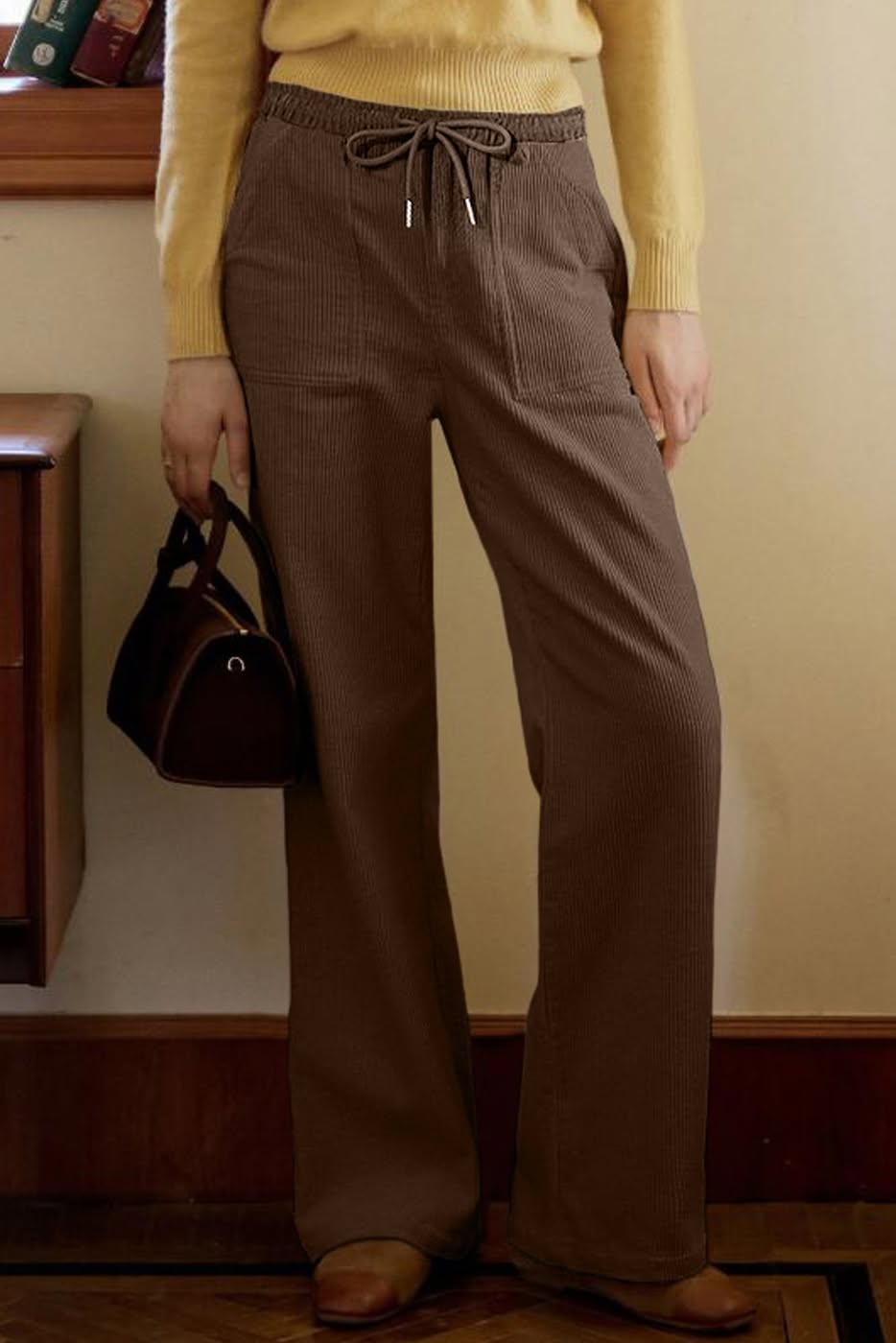 Parchment Tie Elastic Waist Soft Corduroy Pants