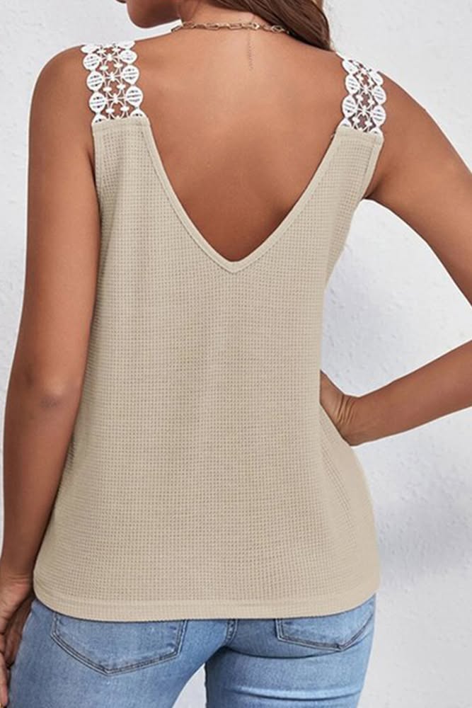 V Neck Waffle Knit Lace Shoulder Tank Top