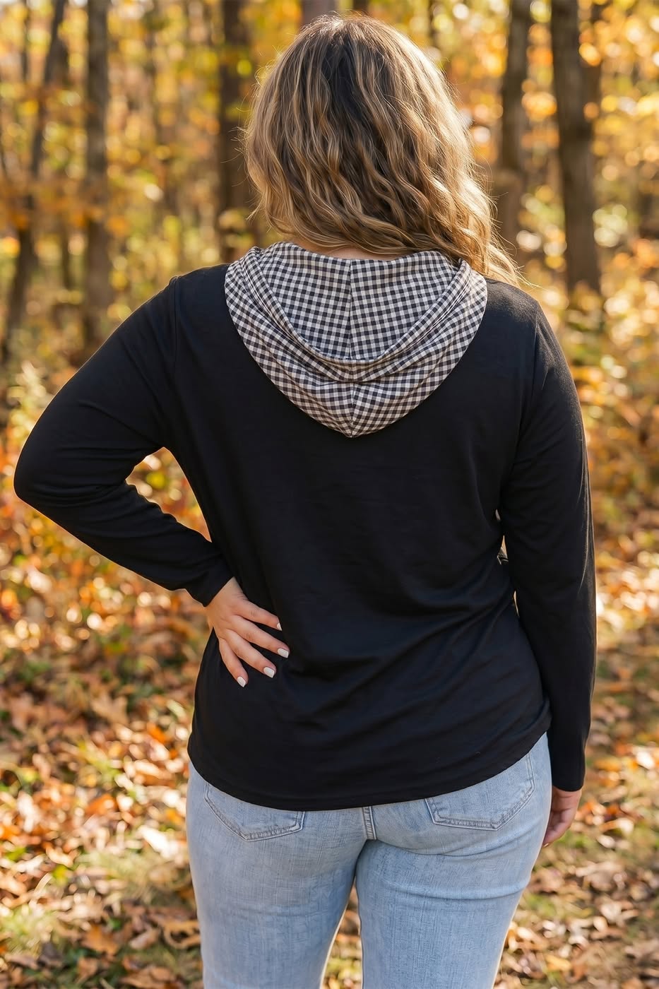 Plus-Size Gingham Hooded Blouse