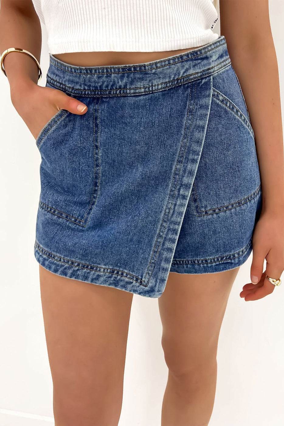 Faux Wrapped Mini Denim Skort