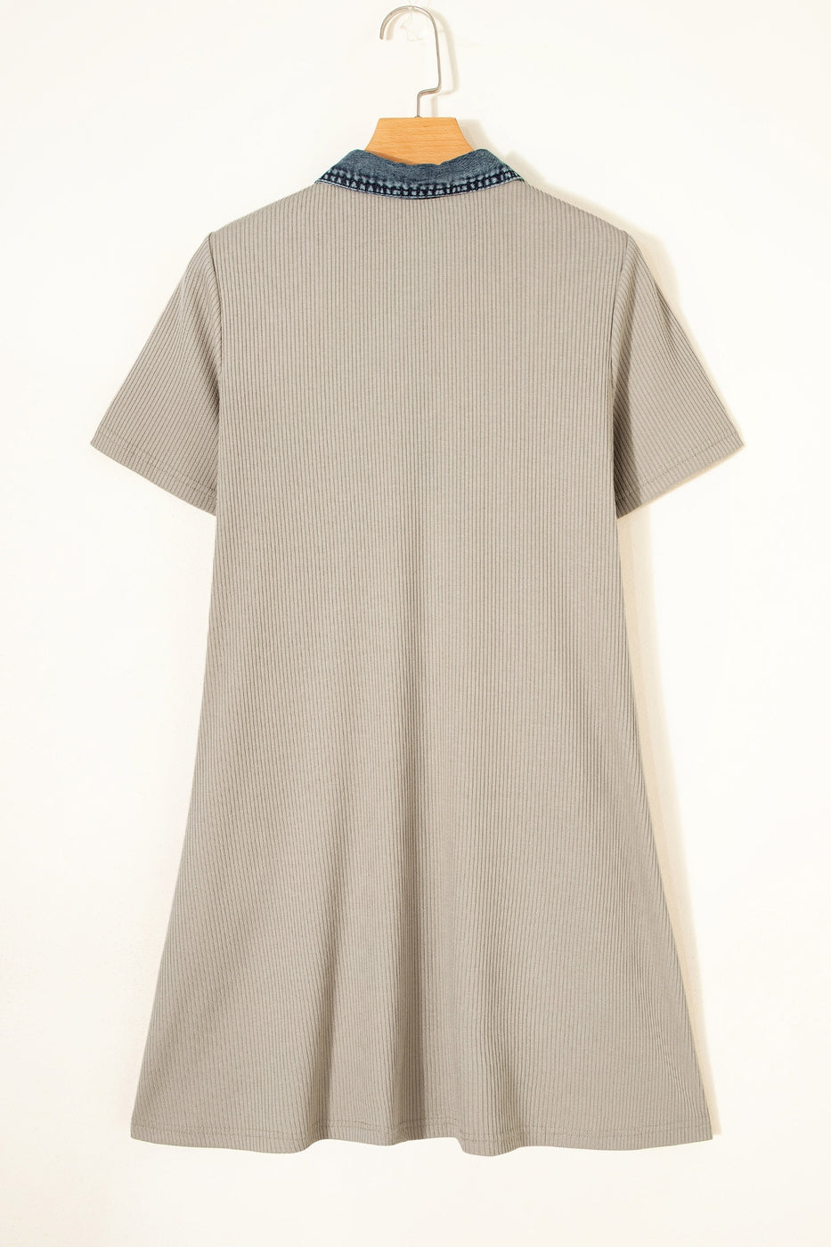 Short Sleeve Ribbed Knit Denim Patchwork Polo Collar Dress