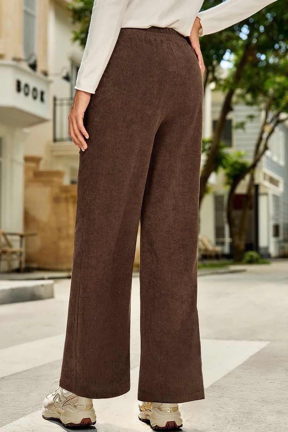 Parchment Tie Elastic Waist Soft Corduroy Pants