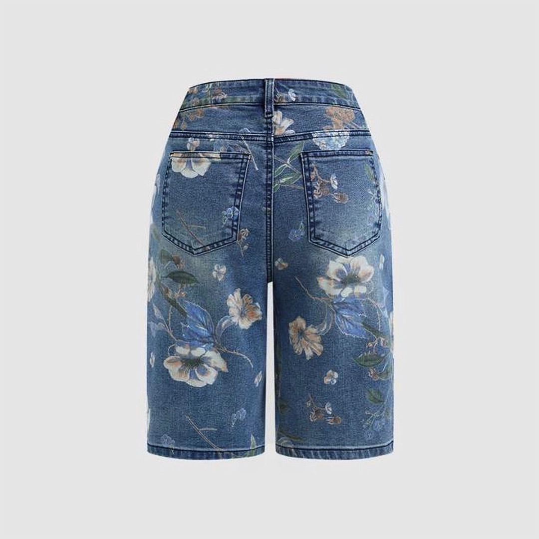 Slimming Floral Print Wide-Leg Denim Bermuda Shorts