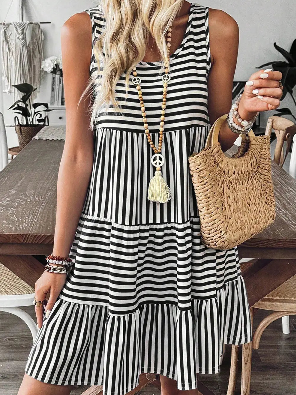 Sleeveless Black & White Striped Dress