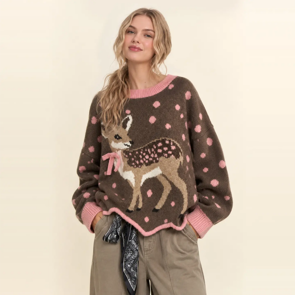 Fawn Intarsia Dot Brushed Knit Sweater