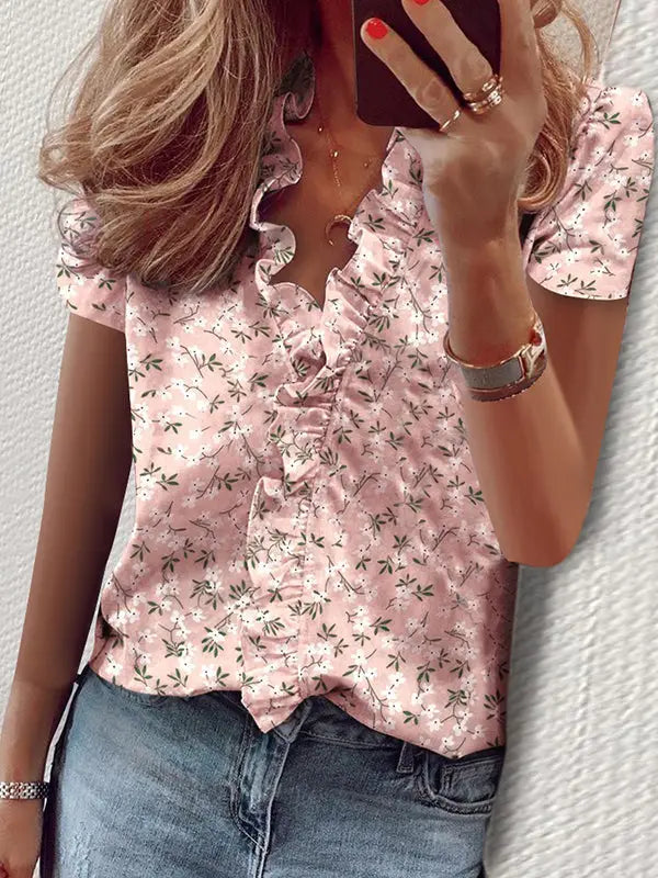 Short-Sleeved Falbala Trim Blouse