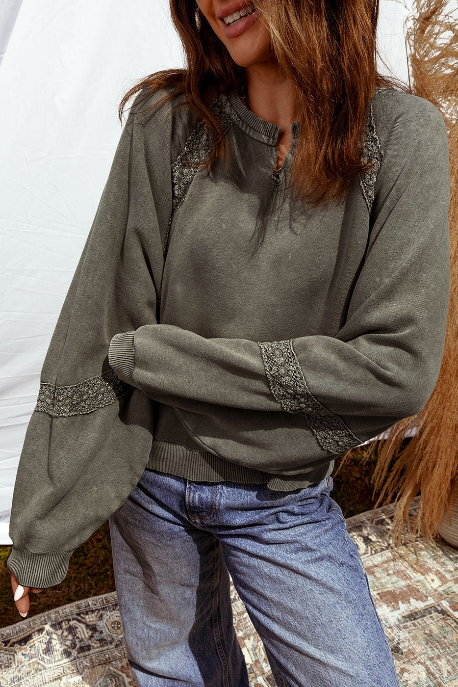 Lace Patchwork Detail Notched Neck Baggy Sweatshirt