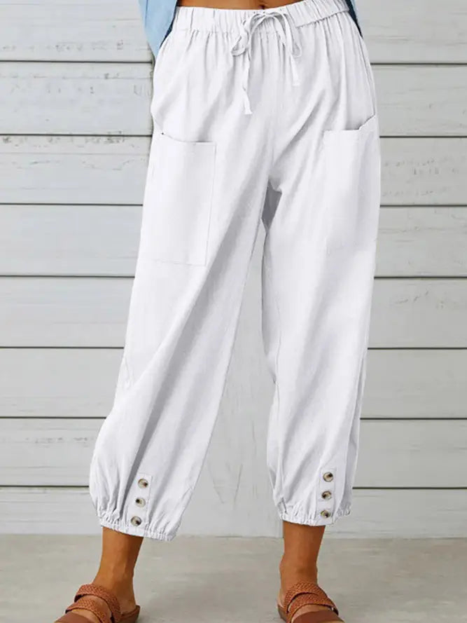 Plain Elastic Waist Buttoned Hem Pockets Joggers