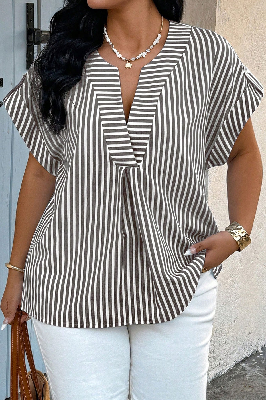 V Neck Roll-tab Short Dolman Sleeve Blouse