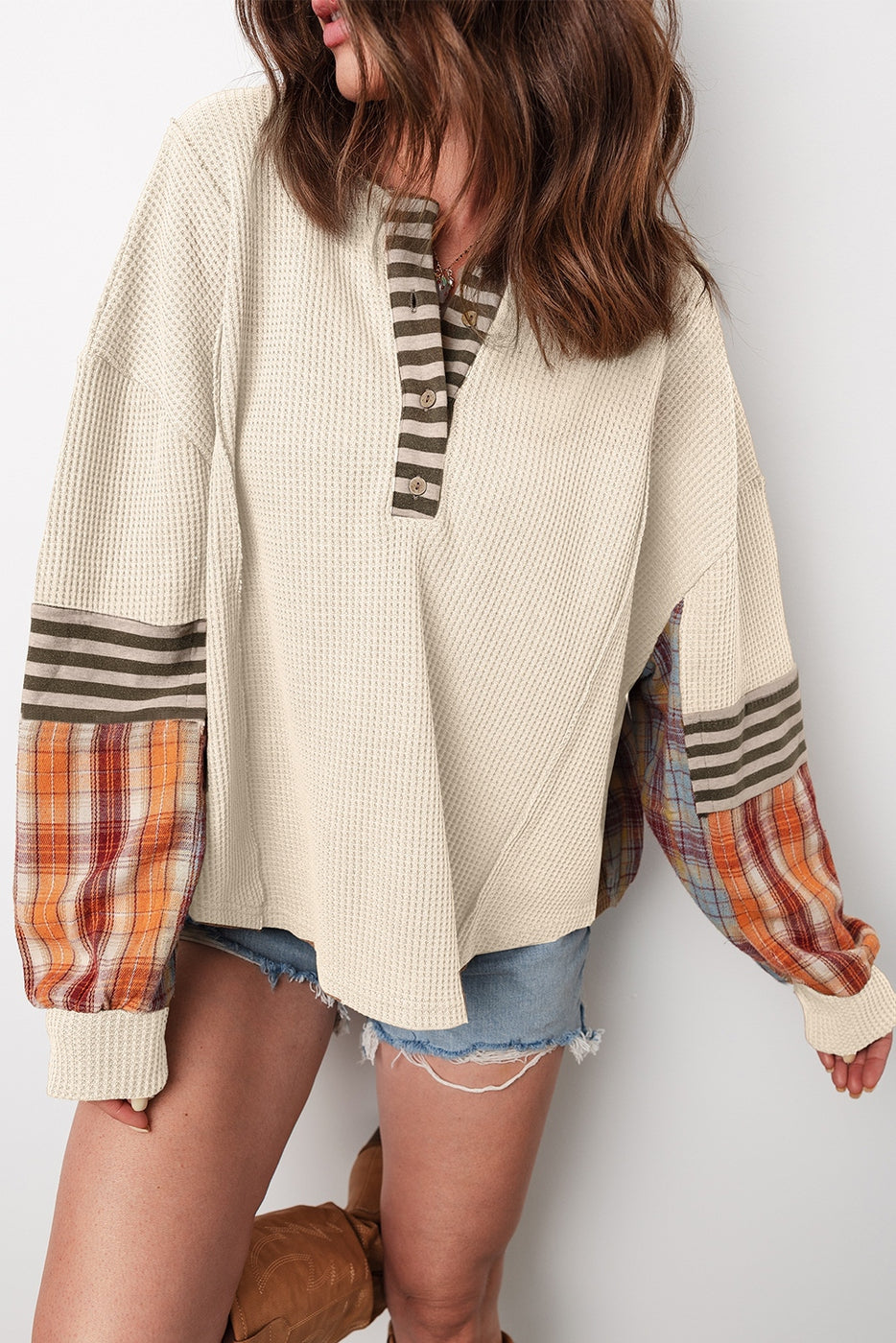 Waffle Stripe Plaid Patchwork Top
