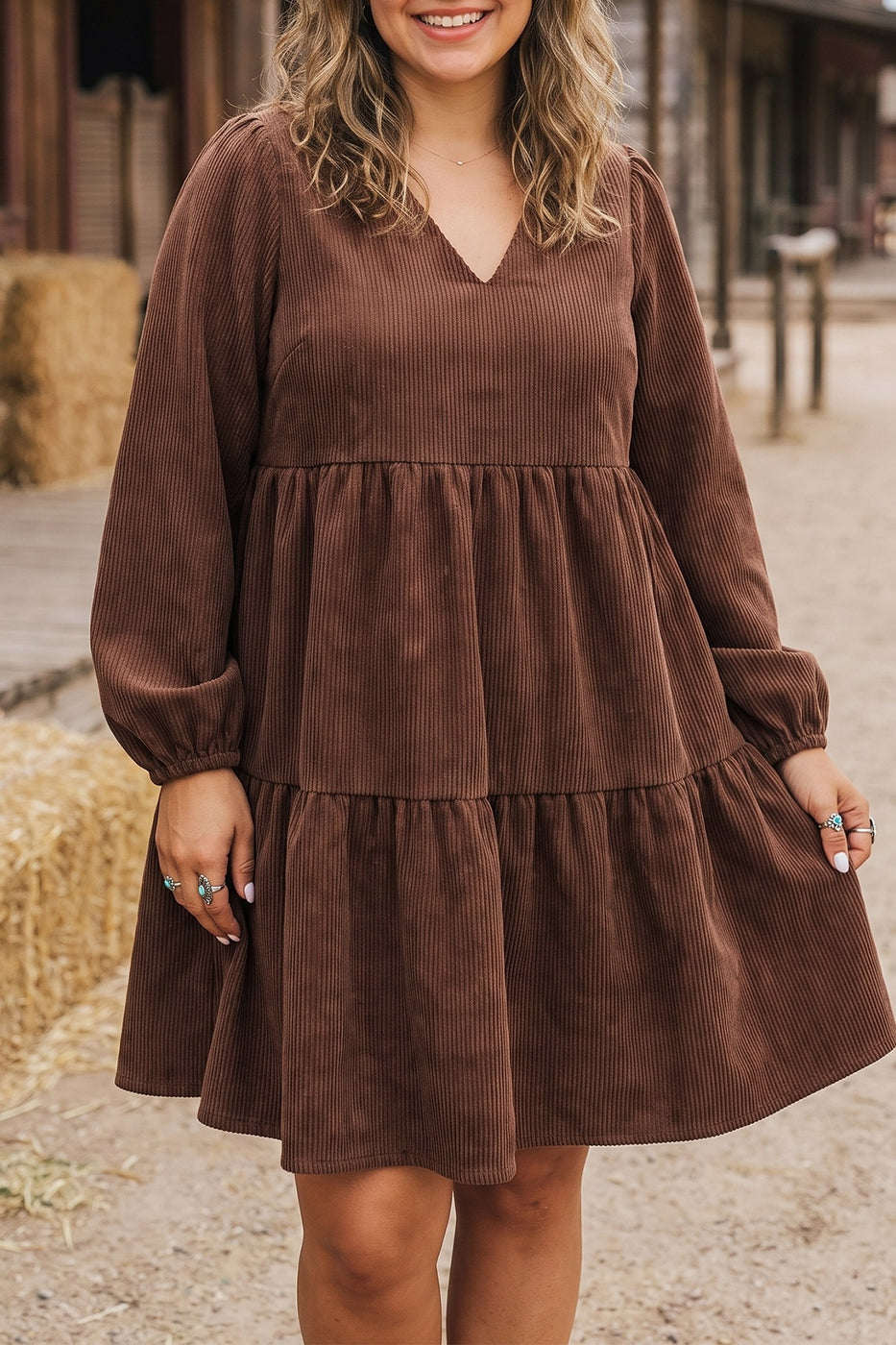 Corduroy V Neck Long Sleeve Plus Size Autumn Dress