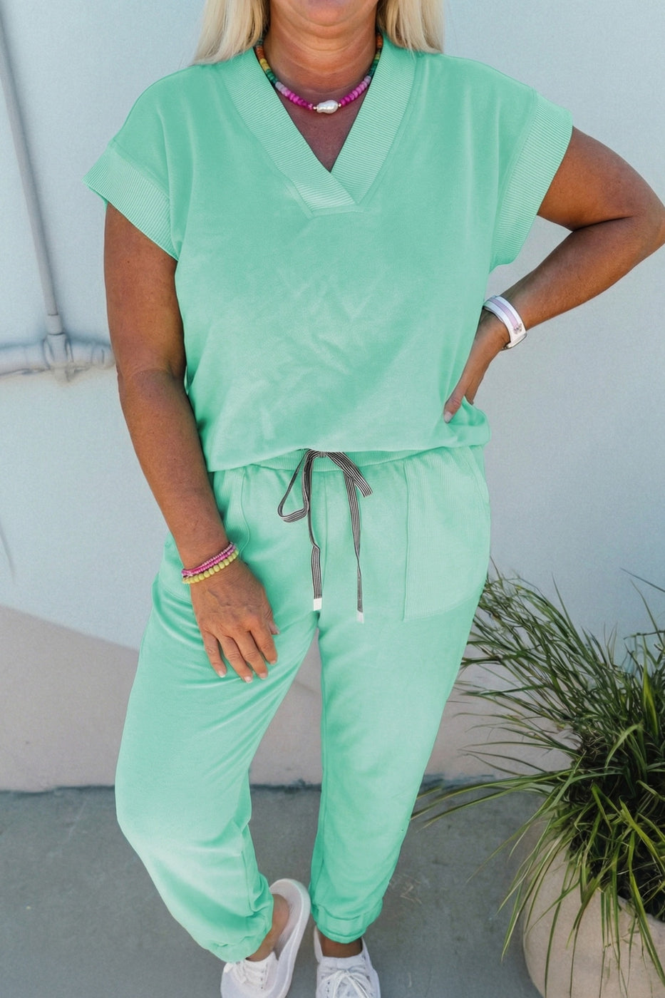 Solid V-Neck Tee and Drawstring Pants Set