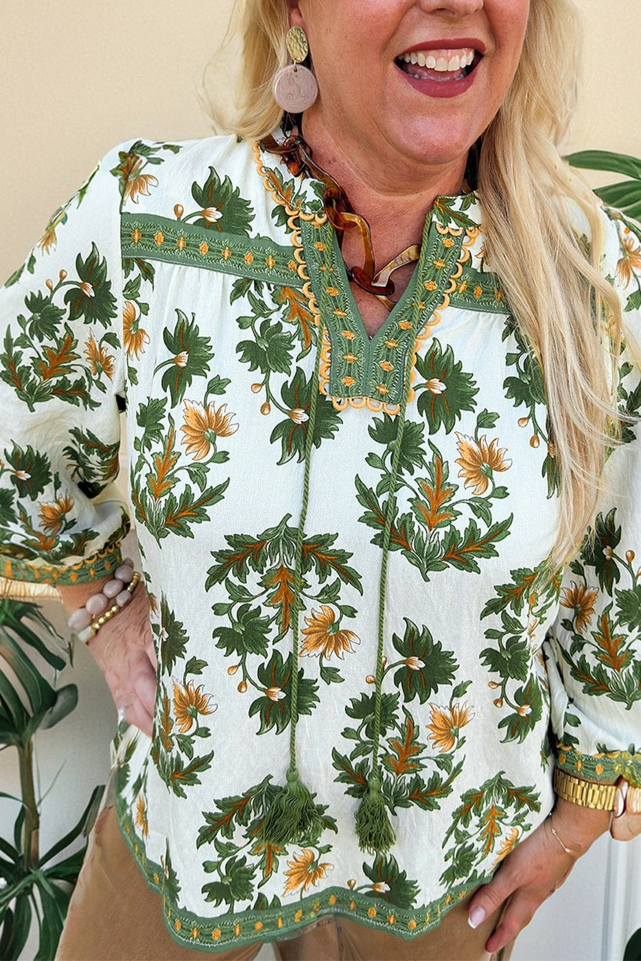 Floral Printed Patchwork Tassel Tie Blouse