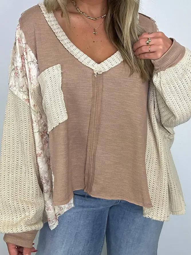 Floral Waffle Knit Color Block Pullover Top
