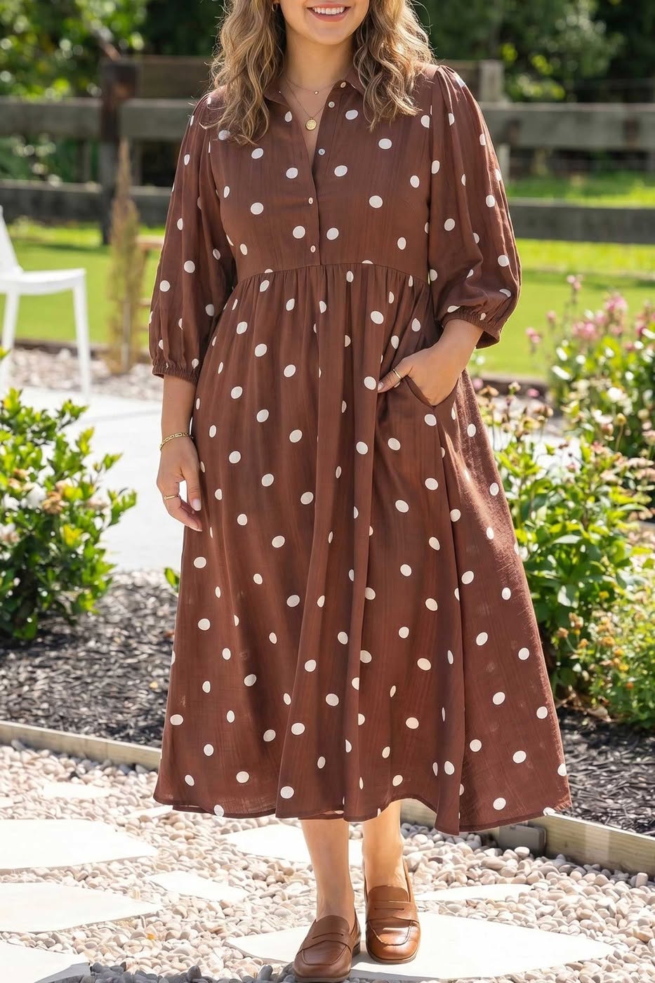 Polka Dot Abdomen Pocket Gathered Cuffs Shift